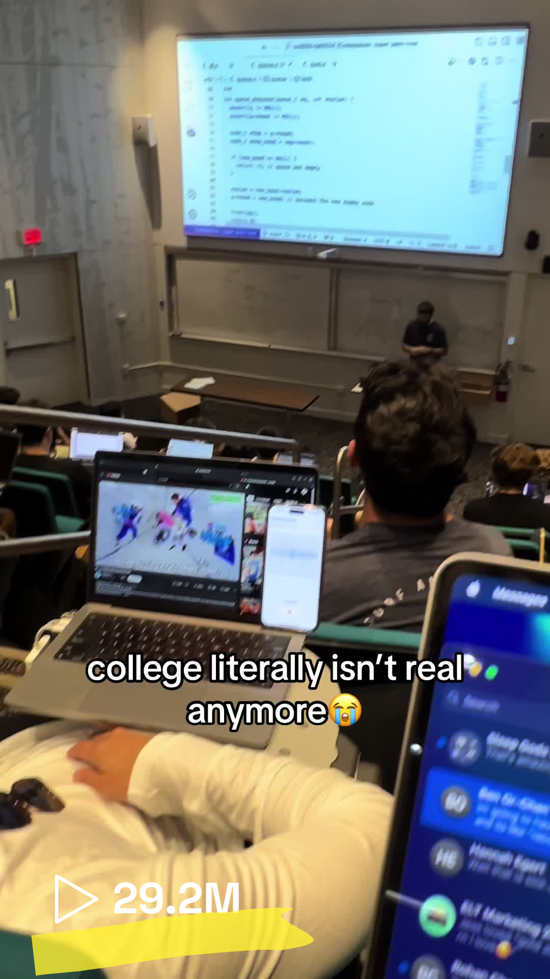 College classroom scene with TikTok overlay showing 29.2M views